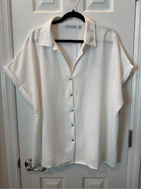 Notations White Short-Sleeve Button Front Collared Blouse